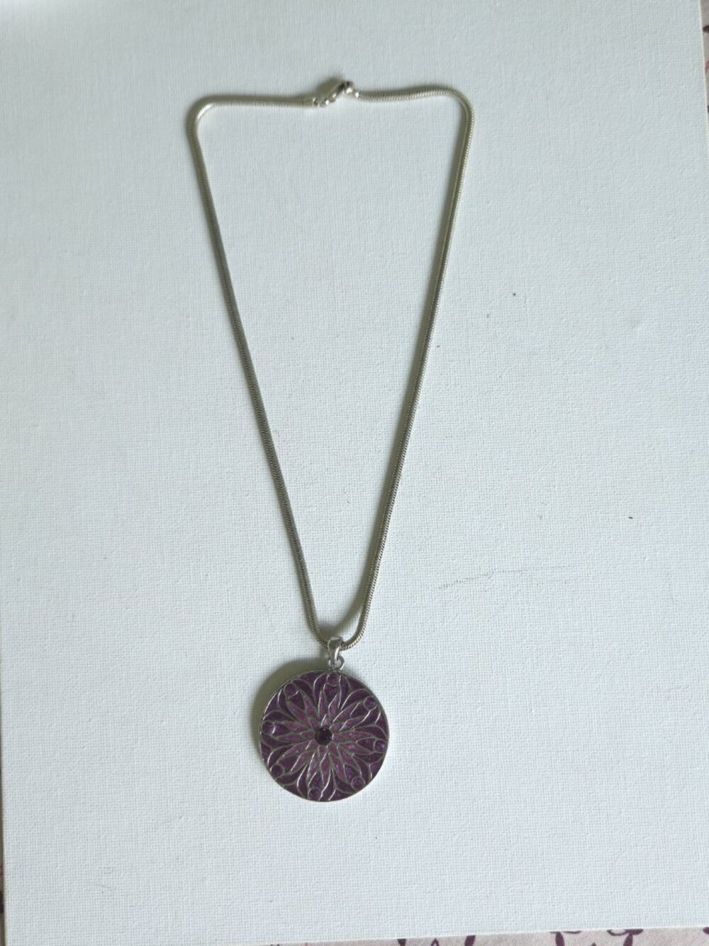 Vintage Silver Tone Purple Enamel Mandala Medallion Pendant Necklace Snake Chain